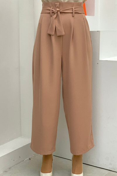 Fermuarlı Bel Bağcıklı Pantolon 0174 Taba 