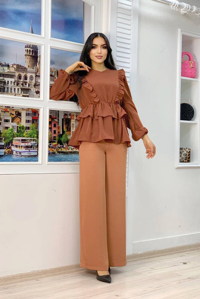 Fırfır Detay Bel Lastikli Kat Görünümlü Bluz 5207 Kahverengi - 2
