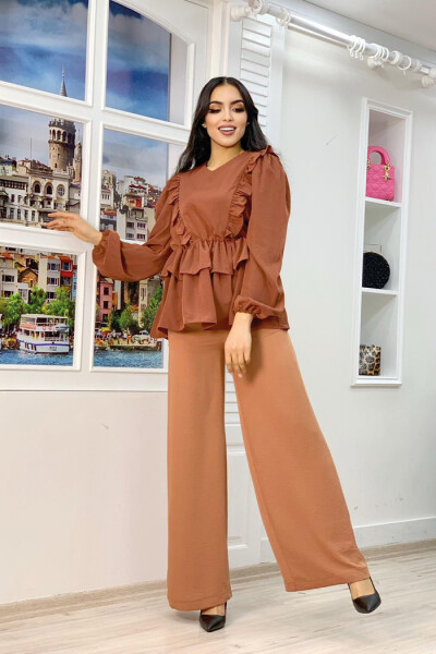 Fırfır Detay Bel Lastikli Kat Görünümlü Bluz 5207 Kahverengi - 3