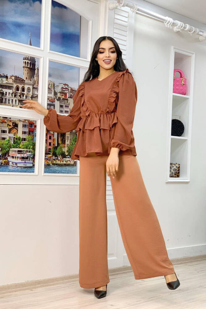 Fırfır Detay Bel Lastikli Kat Görünümlü Bluz 5207 Kahverengi - 3