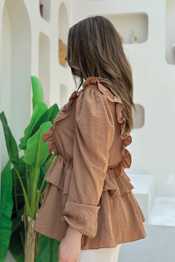 Fırfır Detay Bel Lastikli Kat Görünümlü Bluz 5207 Taba - 2