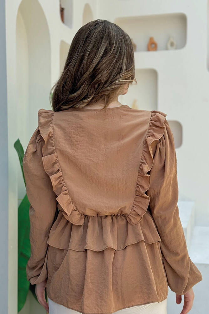 Fırfır Detay Bel Lastikli Kat Görünümlü Bluz 5207 Taba - 3