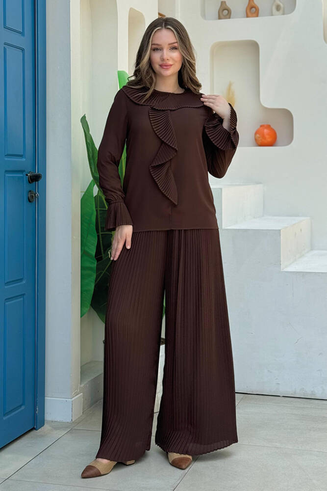 Fırfır Pilise Detaylı Kısa Bluz 5293 Kahverengi - 4