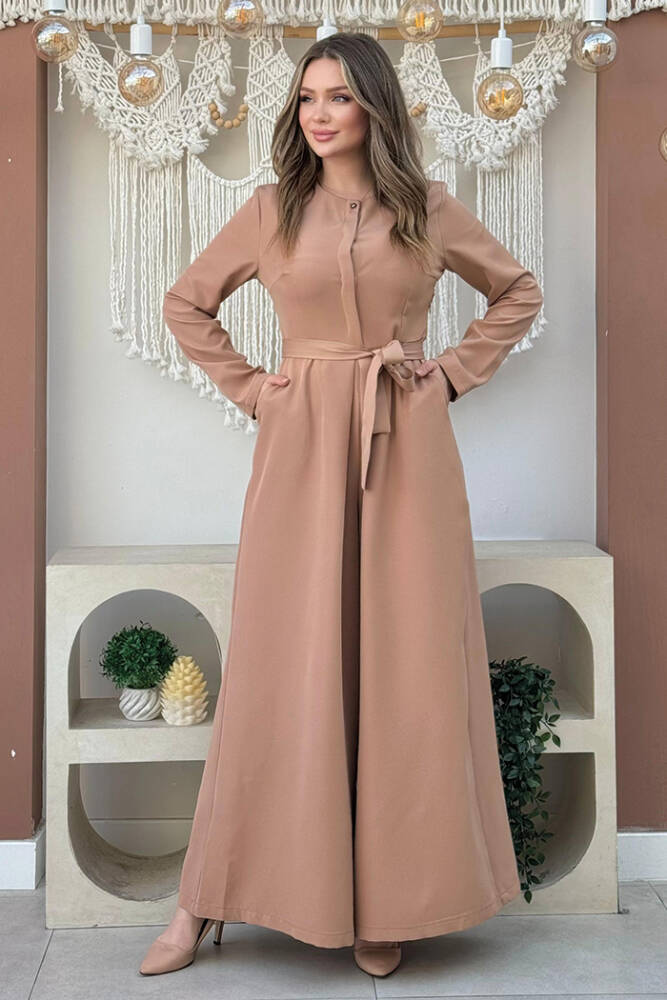 Göğüs Kısmı Gizli Düğme Detaylı Bel Kuşaklı Tulum 3676 Taba - 2