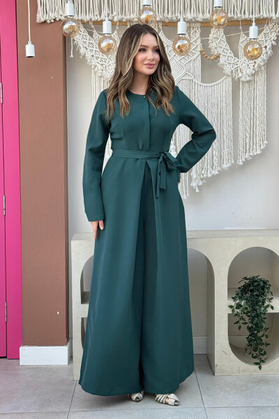 Göğüs Kısmı Gizli Düğme Detaylı Bel Kuşaklı Tulum 3676 Zümrüt 
