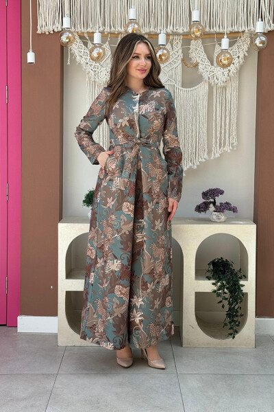 Göğüs Kısmı Gizli Düğmeli Bel Kuşaklı Baskı Desenli Tulum 3486 Mint - 2