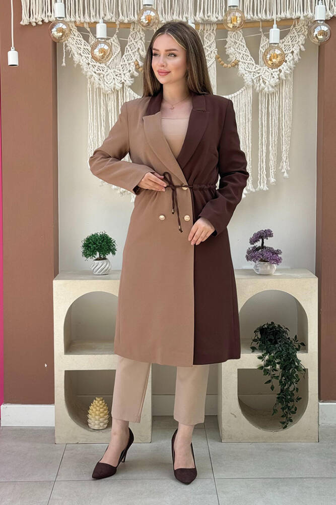 İki Renkli Düğmeli Bel Bağlamalı Yarım Boy Ceket 7803 Vizon - 2