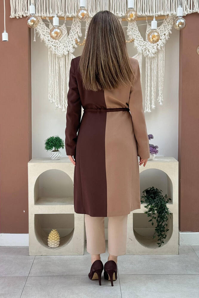 İki Renkli Düğmeli Bel Bağlamalı Yarım Boy Ceket 7803 Vizon - 3