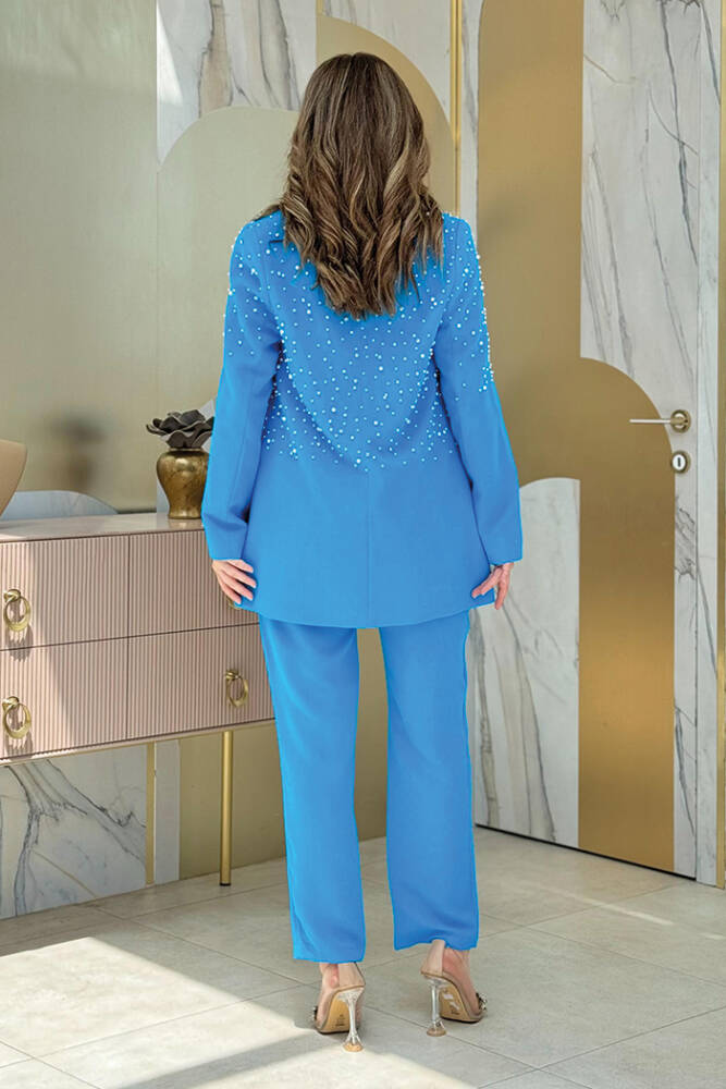 İnci Detaylı Ceket ve Pantolonlu Takım 8406 Mavi - 2