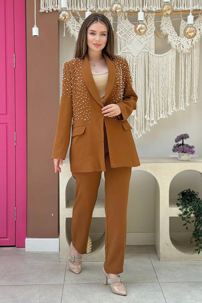 İnci Detaylı Ceket ve Pantolonlu Takım 8406 Taba - 1