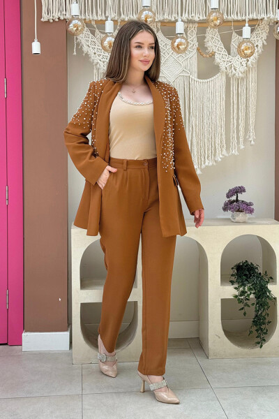 İnci Detaylı Ceket ve Pantolonlu Takım 8406 Taba - 2