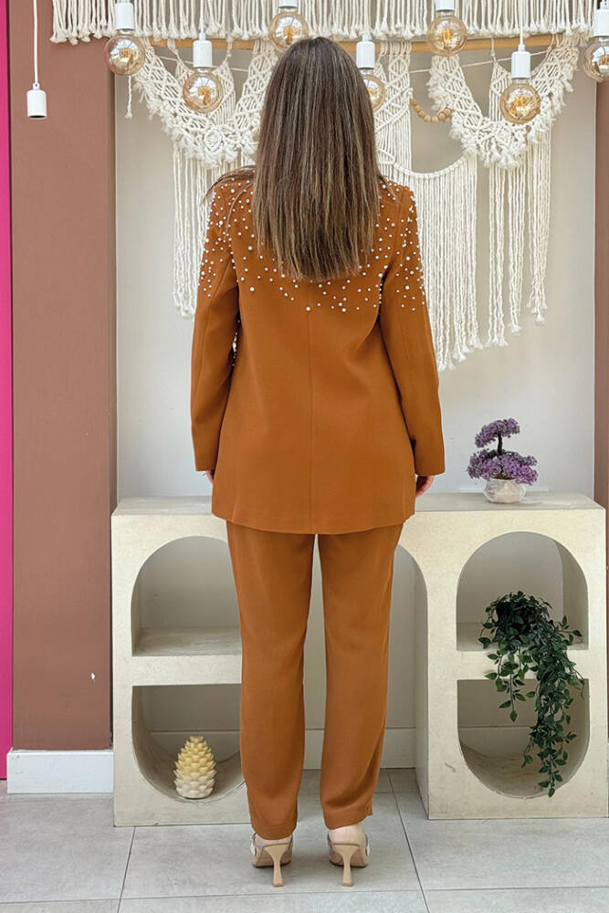 İnci Detaylı Ceket ve Pantolonlu Takım 8406 Taba - 3