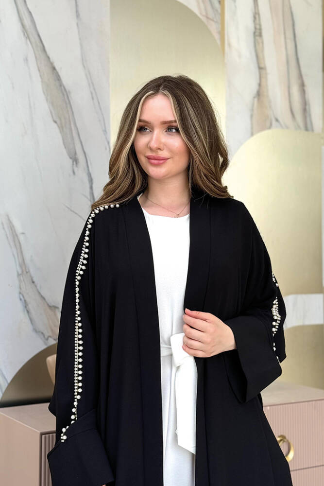İnci İşleme Detaylı Abaya Takım 8492 Siyah - 4