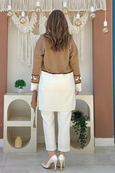 İşleme Detaylı Cepli Bel Kuşaklı Triko Hırka 12045 Vizon - 4