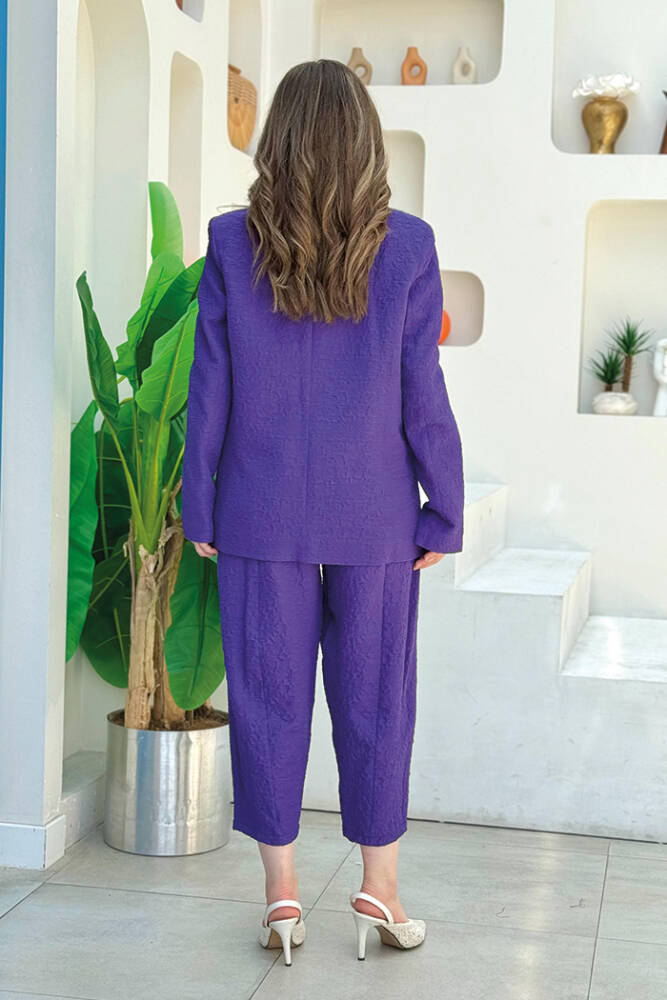 Kabartma Desenli Ceket Pantolon Takım 8457 Mor - 3