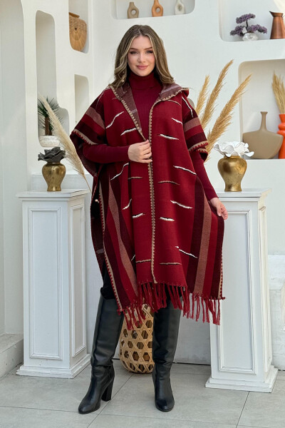Kapişonlu Püskül Detaylı Triko Panço 1606 Bordo 