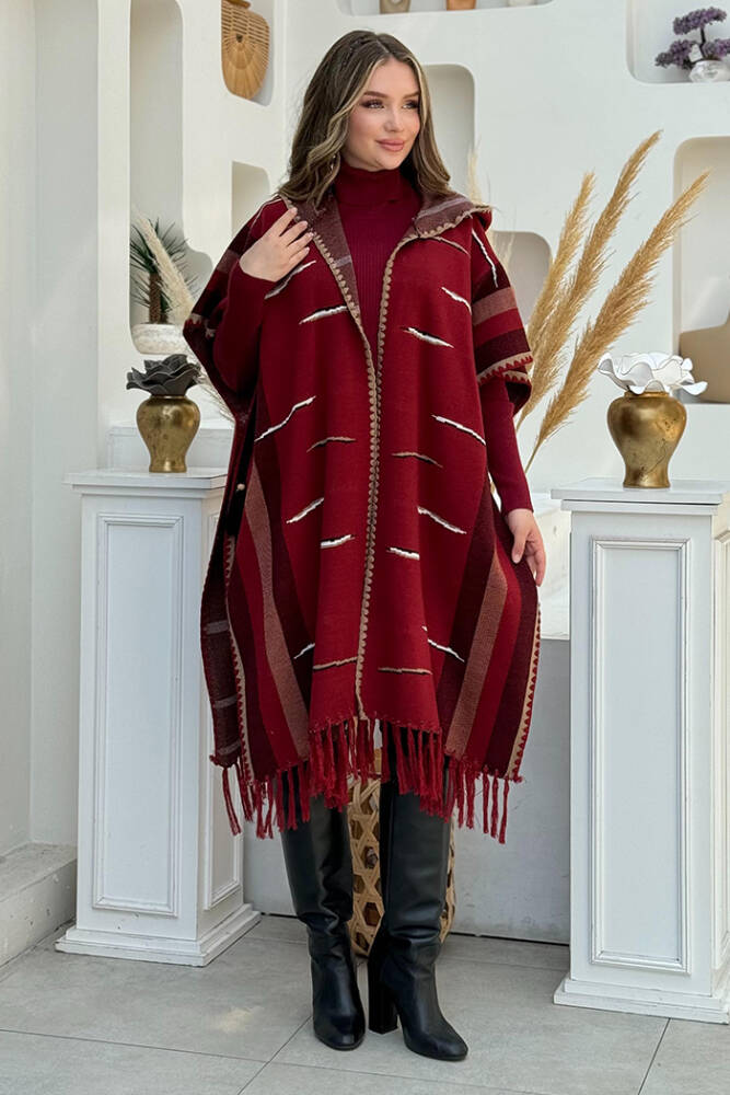 Kapişonlu Püskül Detaylı Triko Panço 1606 Bordo - 2