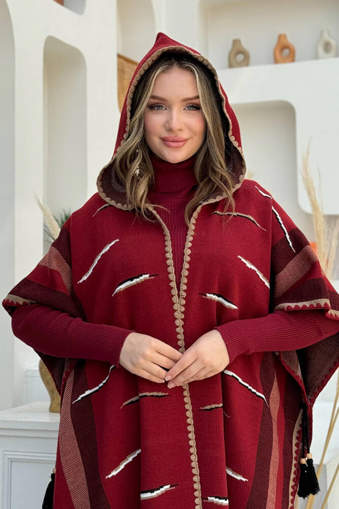 Kapişonlu Püskül Detaylı Triko Panço 1606 Bordo - 4