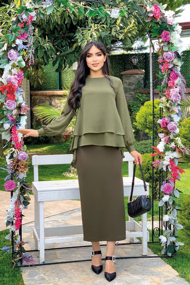 Kat Kat Kol Manşetli Şifon Bluz 5148 Haki - 2