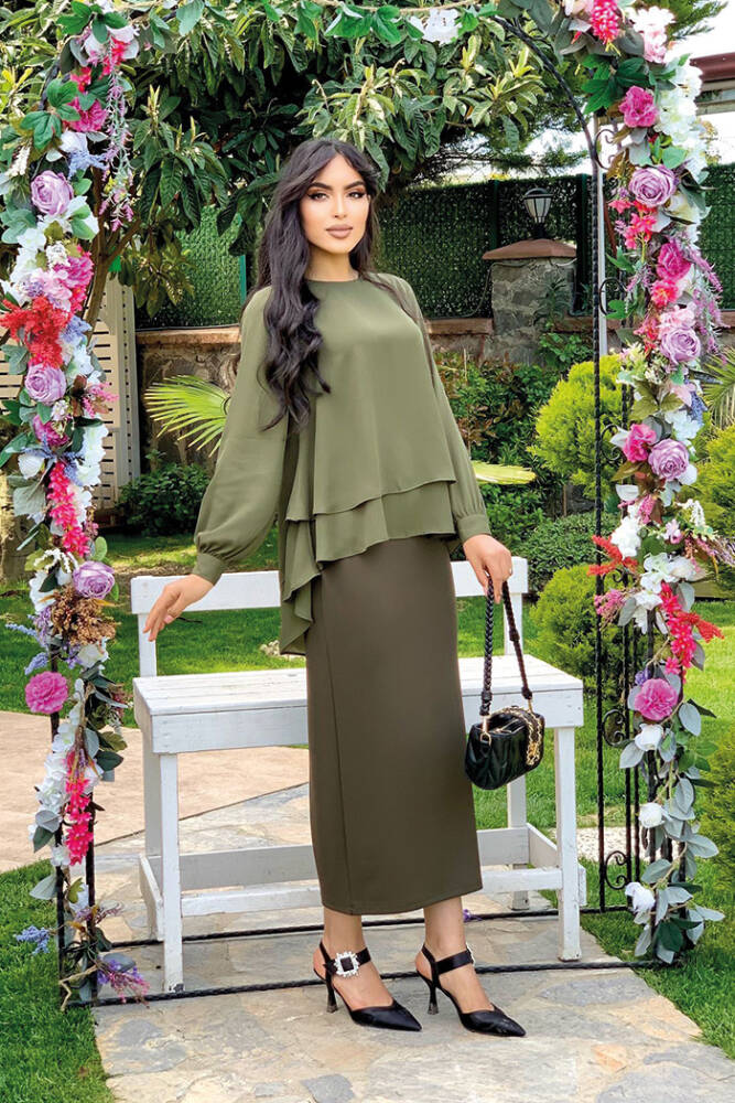 Kat Kat Kol Manşetli Şifon Bluz 5148 Haki - 3