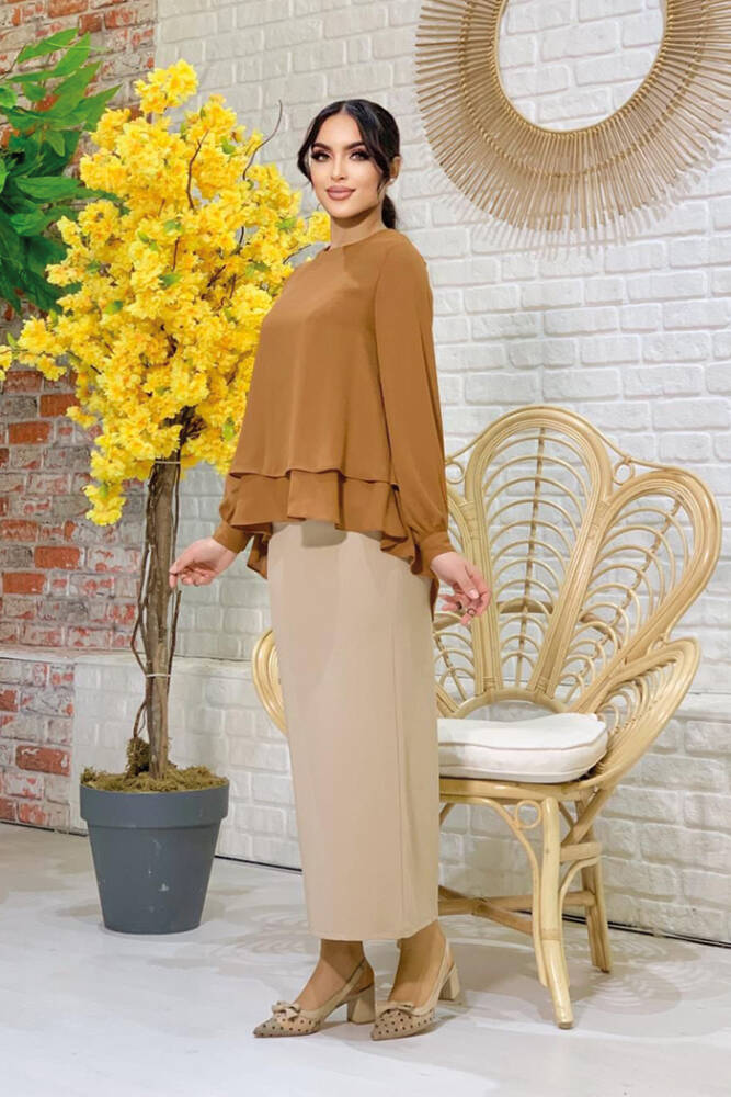 Kat Kat Kol Manşetli Şifon Bluz 5148 Taba - 3