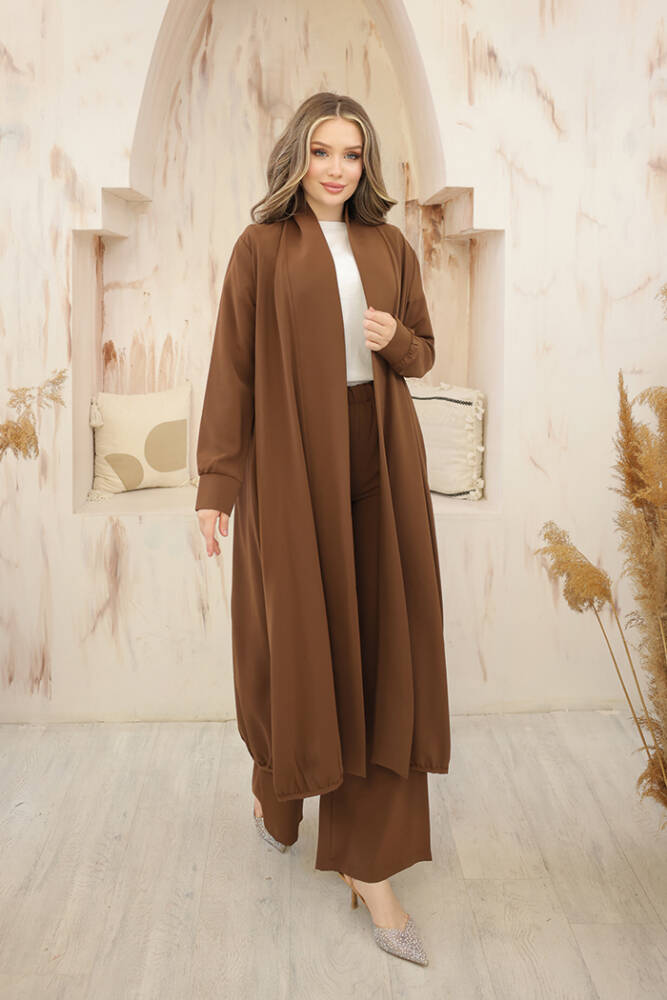 Kimono Bel Lastikli Pantolon Takım 8560 Kahverengi - 2