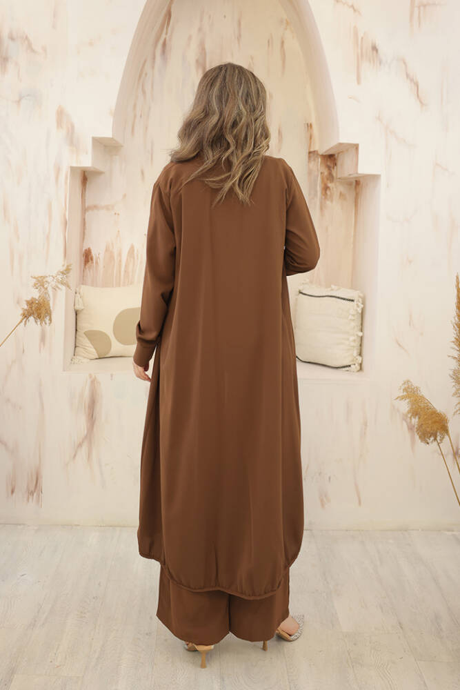 Kimono Bel Lastikli Pantolon Takım 8560 Kahverengi - 3