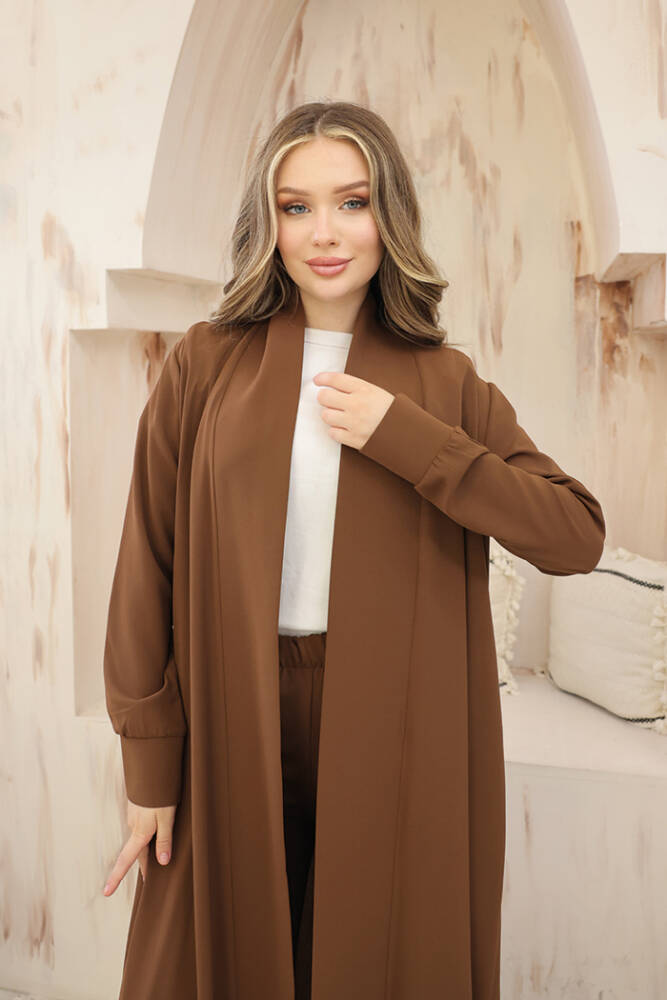 Kimono Bel Lastikli Pantolon Takım 8560 Kahverengi - 4