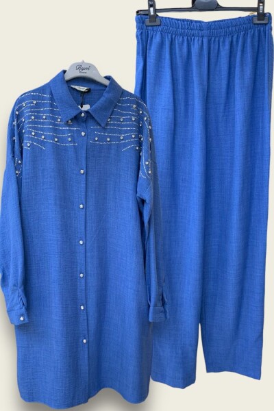 Omuz Taş İşlemeli Düğmeli Tunik ve Pantolon Takım 8430 İndigo 