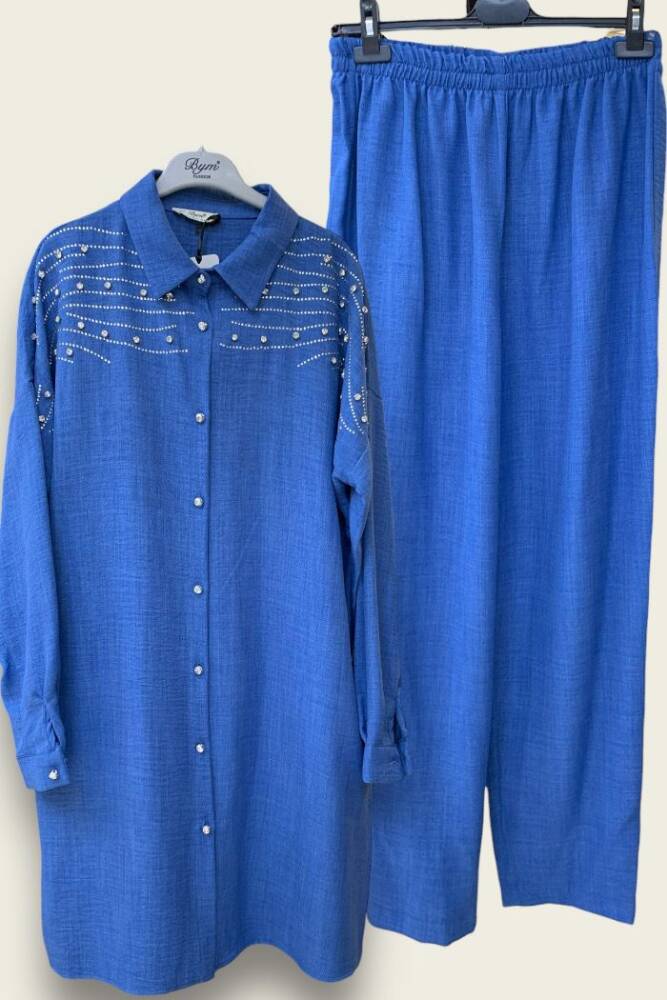 Omuz Taş İşlemeli Düğmeli Tunik ve Pantolon Takım 8430 İndigo - 1