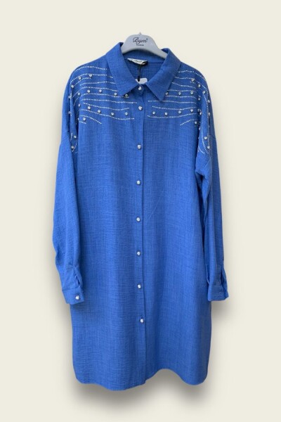 Omuz Taş İşlemeli Düğmeli Tunik ve Pantolon Takım 8430 İndigo - 2