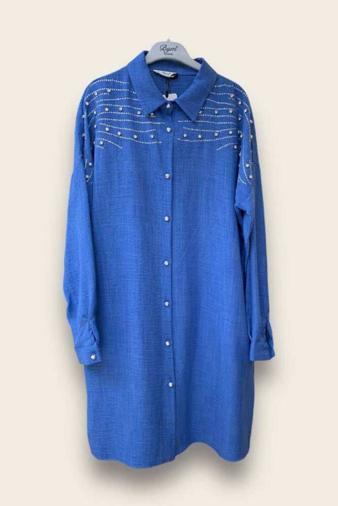 Omuz Taş İşlemeli Düğmeli Tunik ve Pantolon Takım 8430 İndigo - 2