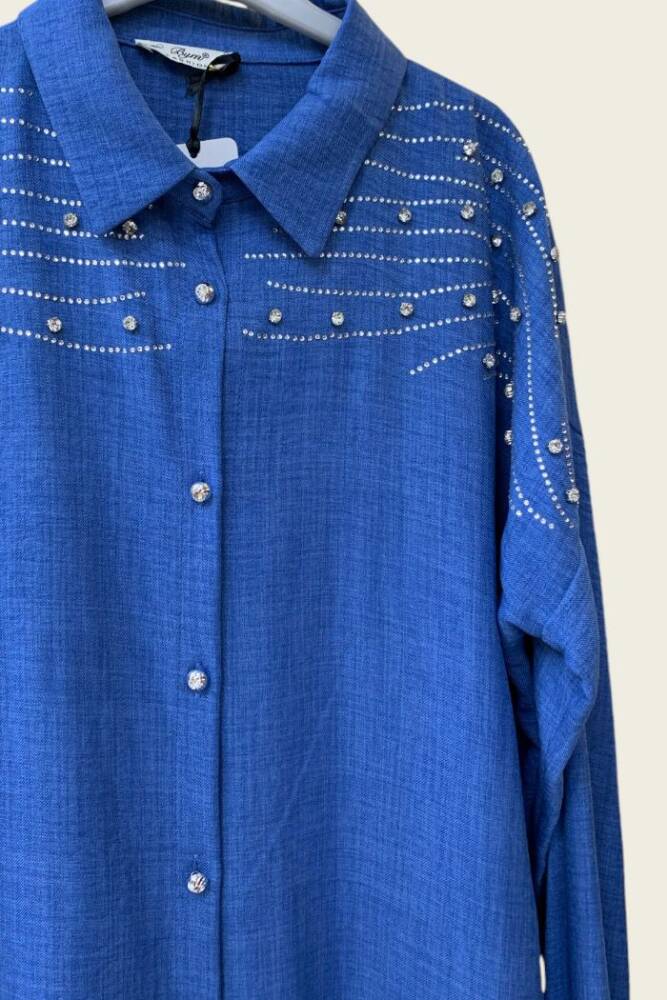 Omuz Taş İşlemeli Düğmeli Tunik ve Pantolon Takım 8430 İndigo - 4