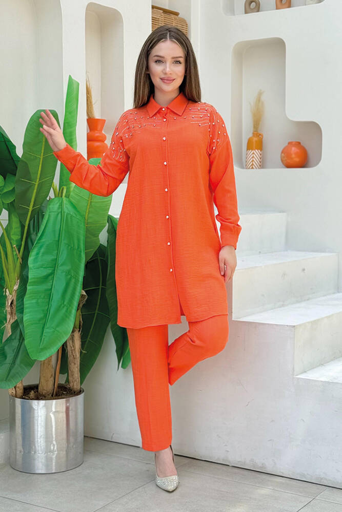 Omuz Taş İşlemeli Düğmeli Tunik ve Pantolon Takım 8430 Oranj - 1