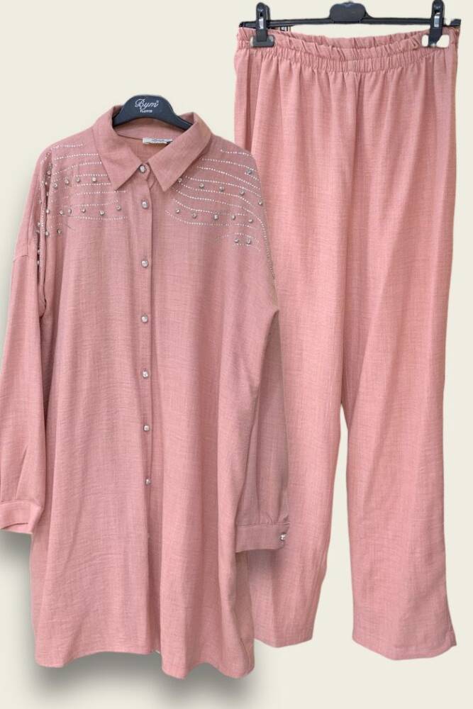 Omuz Taş İşlemeli Düğmeli Tunik ve Pantolon Takım 8430 Pudra - 1