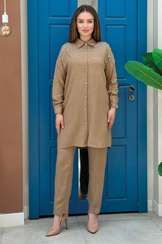 Omuz Taş İşlemeli Düğmeli Tunik ve Pantolon Takım 8430 Vizon - 1
