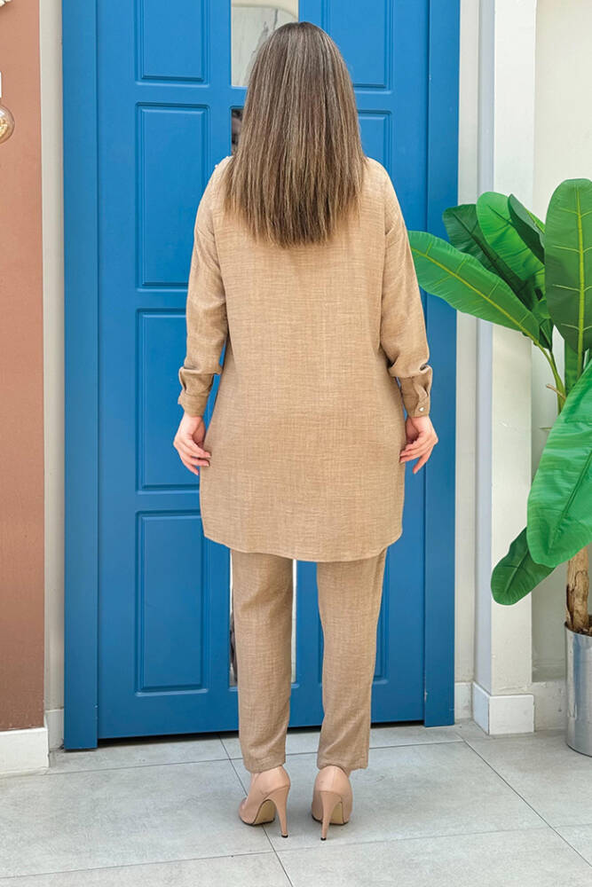 Omuz Taş İşlemeli Düğmeli Tunik ve Pantolon Takım 8430 Vizon - 3