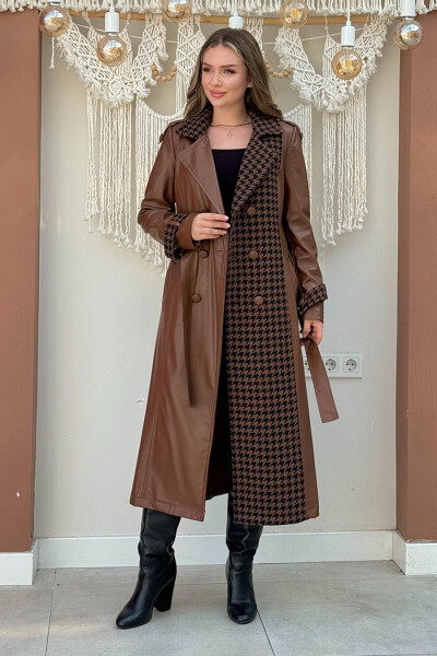 Ön Düğmeli Kuşaklı Ekose Deri Kap 7530 Taba - 1