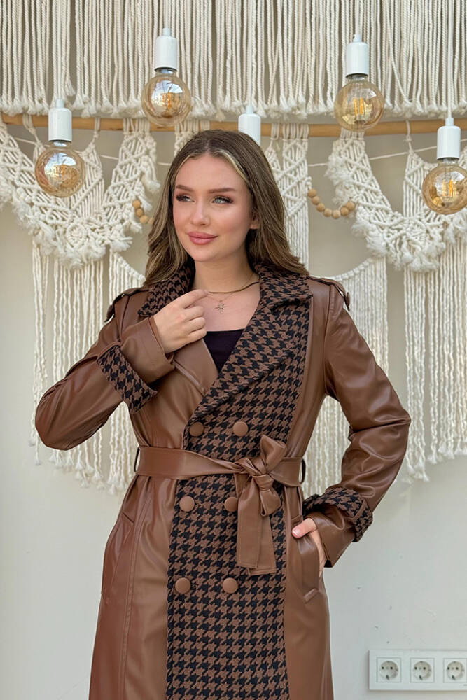 Ön Düğmeli Kuşaklı Ekose Deri Kap 7530 Taba - 4