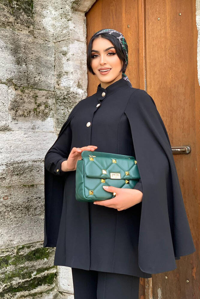 Pelerinli Düğme Detay Ceket ve Pantolon Takım 8354 Siyah - 4