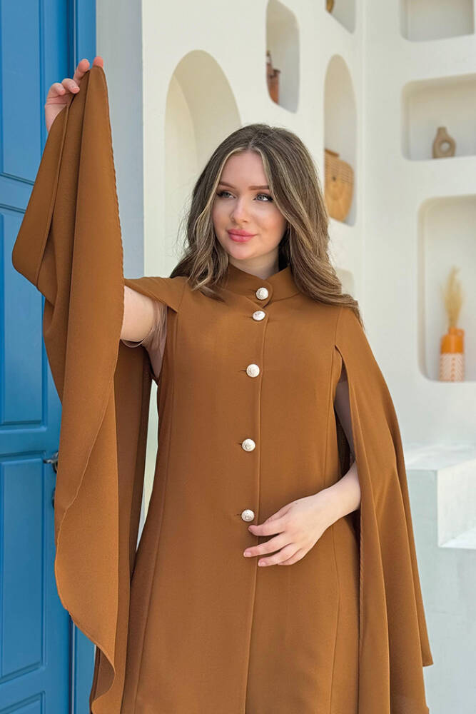 Pelerinli Düğme Detay Ceket ve Pantolon Takım 8354 Taba - 4