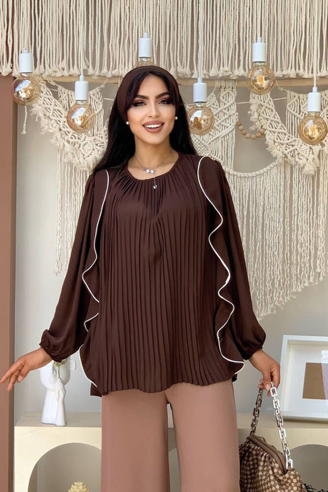 Piliseli Fırfırlı Şerit Detaylı Bisiklet Yaka Bluz 2627 Kahverengi - 1