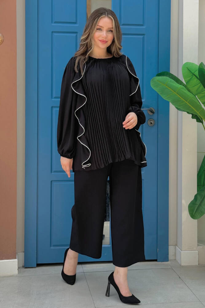 Piliseli Fırfırlı Şerit Detaylı Bisiklet Yaka Bluz 2627 Siyah - 4
