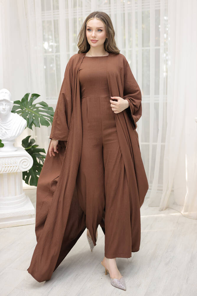 Şalıyla Birlikte Tulum ve Abaya İkili Takım 8519 Kahverengi - 1