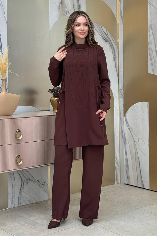 Taş Baskı Desenli Tunik Pantolon Takım 8447 Kahverengi - 1