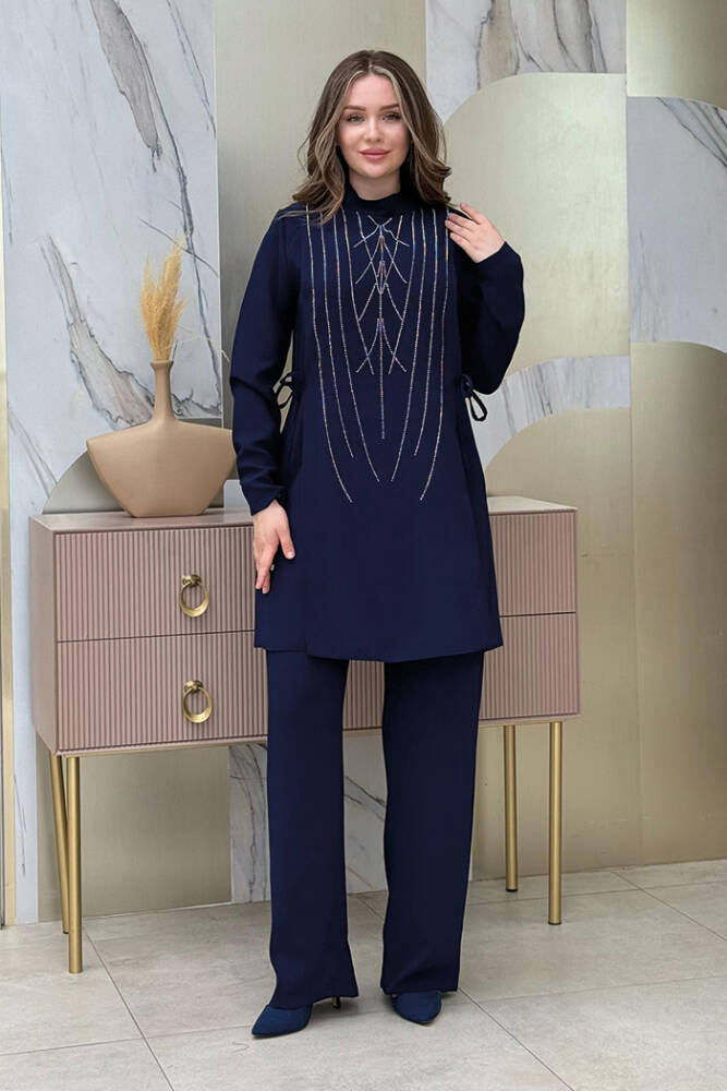 Taş Baskı Desenli Tunik Pantolon Takım 8447 Lacivert - 1
