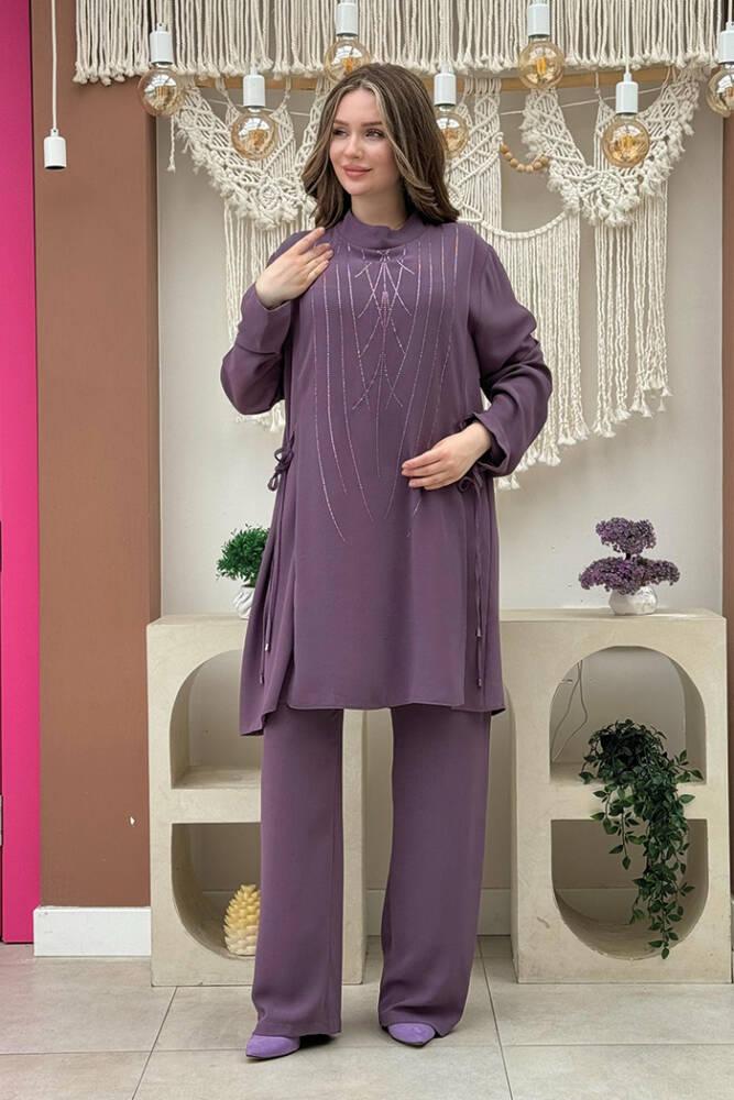 Taş Baskı Desenli Tunik Pantolon Takım 8447 Lila - 1