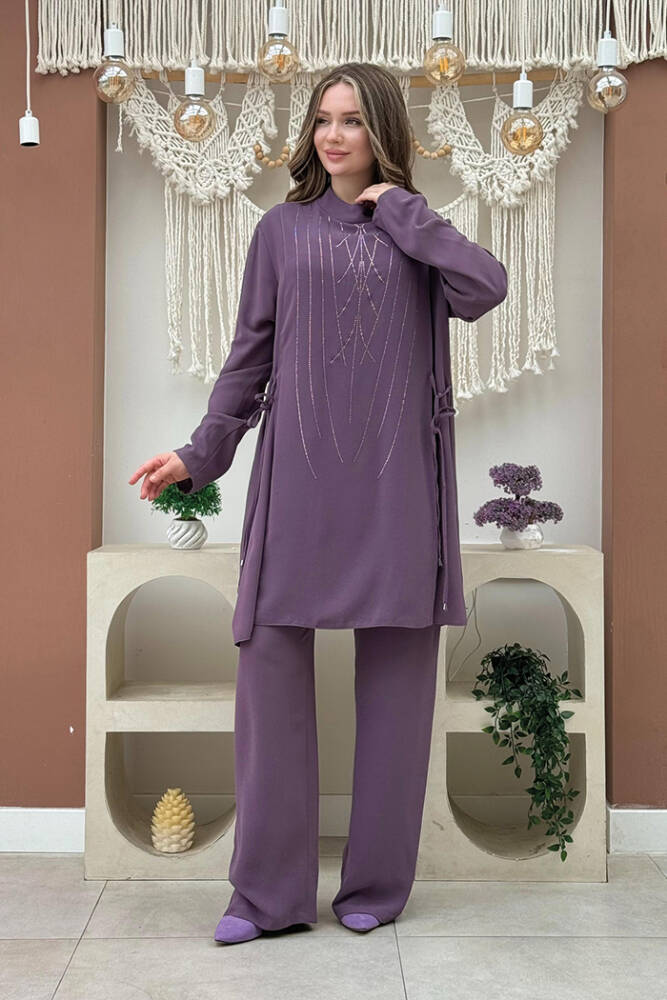 Taş Baskı Desenli Tunik Pantolon Takım 8447 Lila - 2