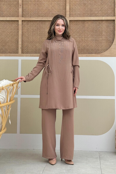 Taş Baskı Desenli Tunik Pantolon Takım 8447 Vizon - 1