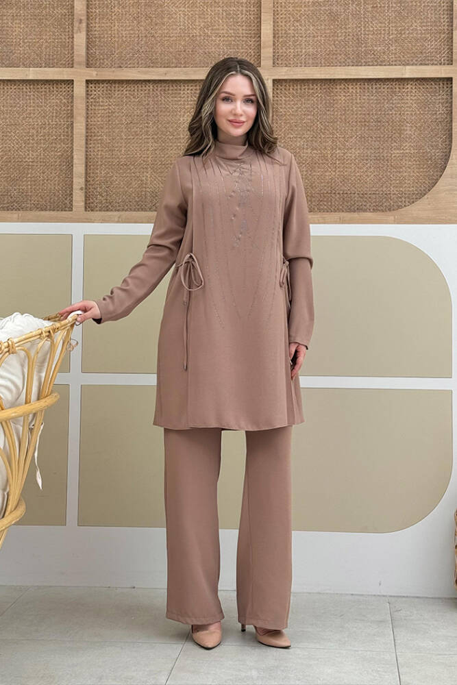 Taş Baskı Desenli Tunik Pantolon Takım 8447 Vizon - 1